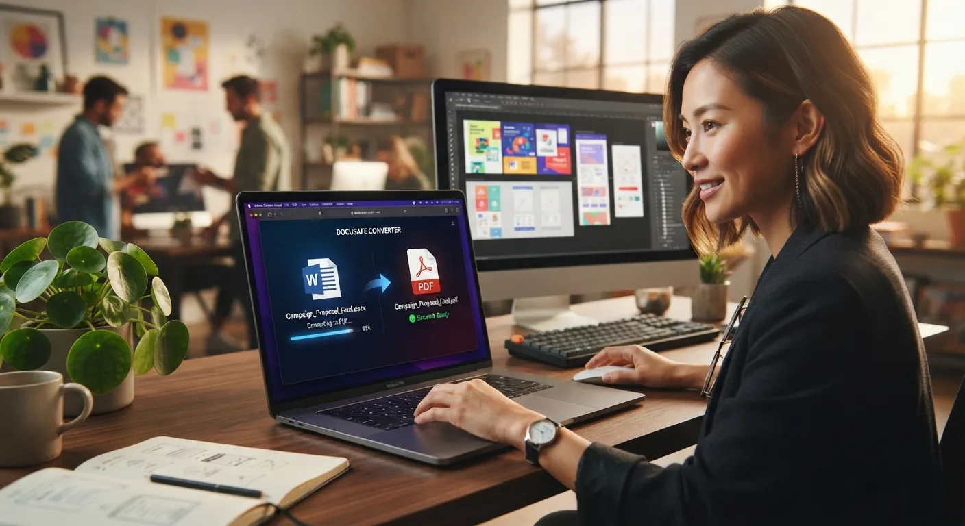 A modern laptop displaying a secure online Word to PDF conversion tool with clean layout preservation.