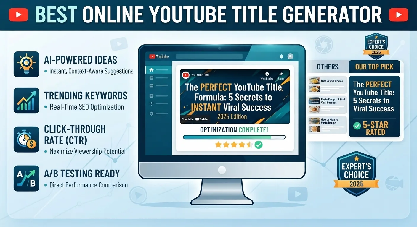 A creator using an online YouTube title generator tool on a computer.