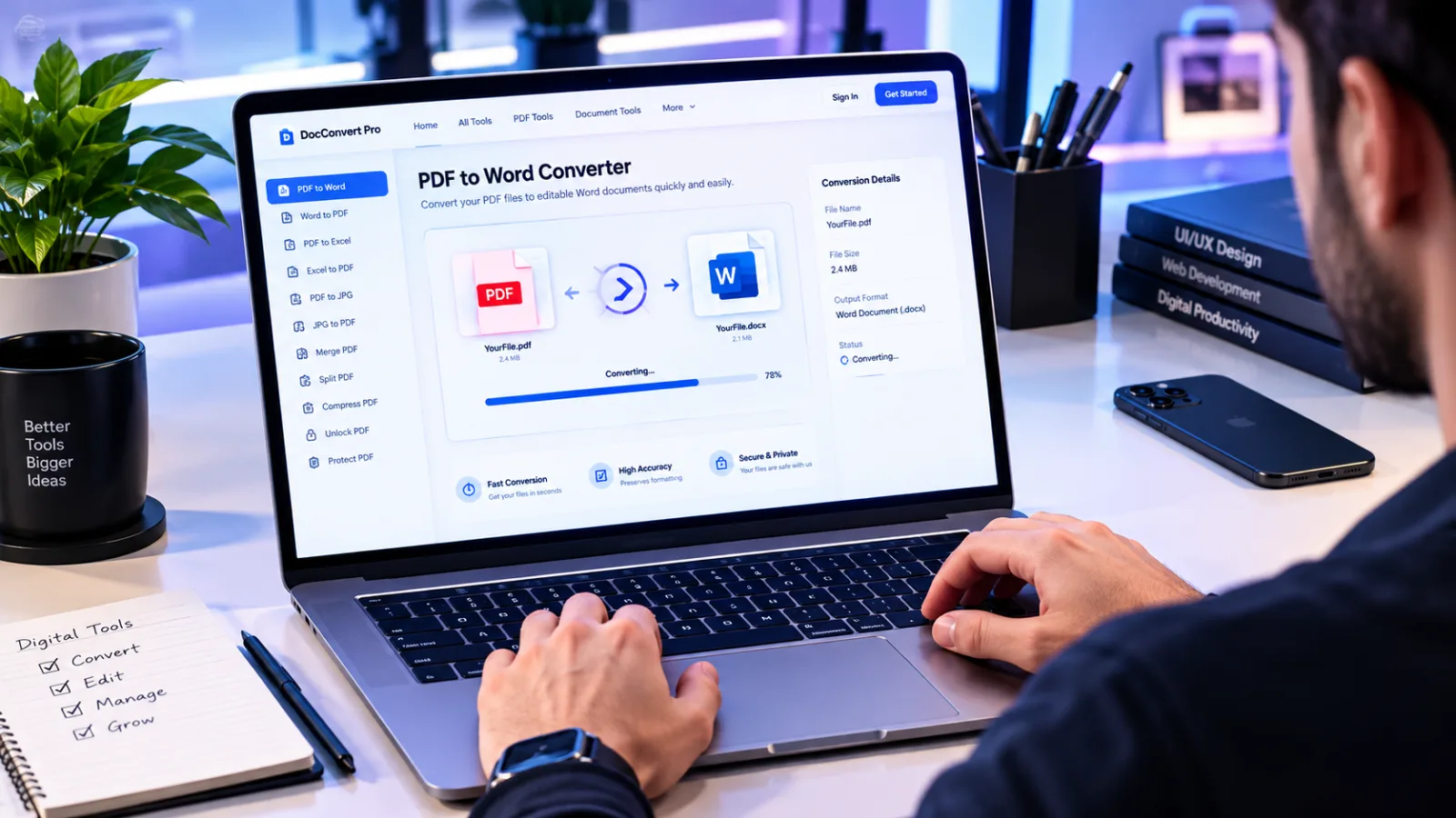 A laptop displaying a secure online PDF to Word conversion tool with clean formatting layout.