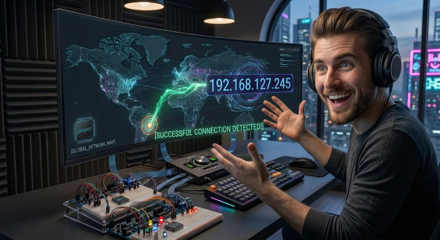 A modern digital interface displaying public IP address and network geolocation metrics.